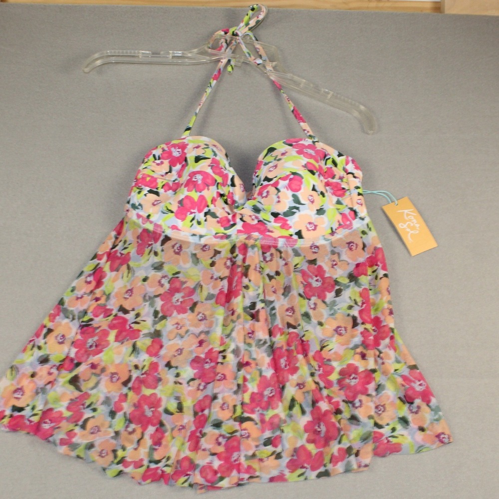 Kona Sol Tankini Top Floral Mesh Halter M 8-10 Pink Orange Swimwear Beachwear
